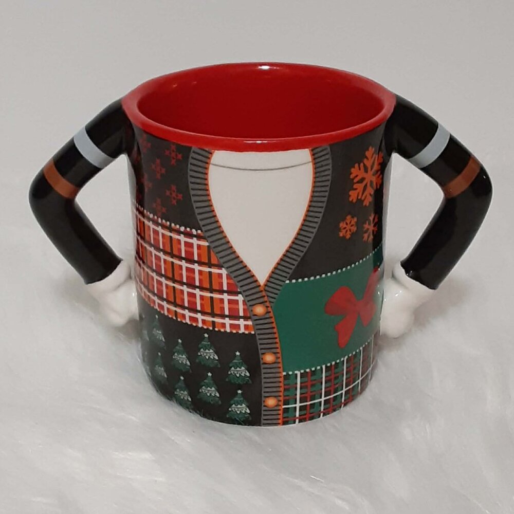 Ugly Christmas Sweater Mug ~ Coffee / Tea ~ Trees Snowflakes Bows Plaid NEW